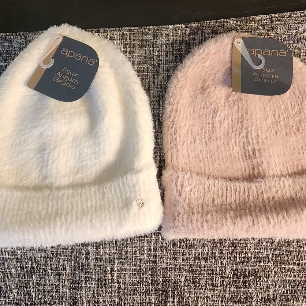 Apana Faux Angora Beanie Set - White and Pink